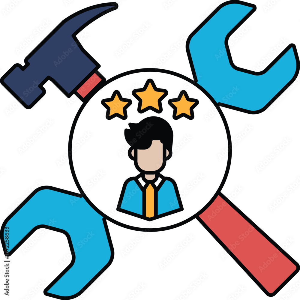 Poster a man is shown with a hammer and a wrench, and he is surrounded by three stars