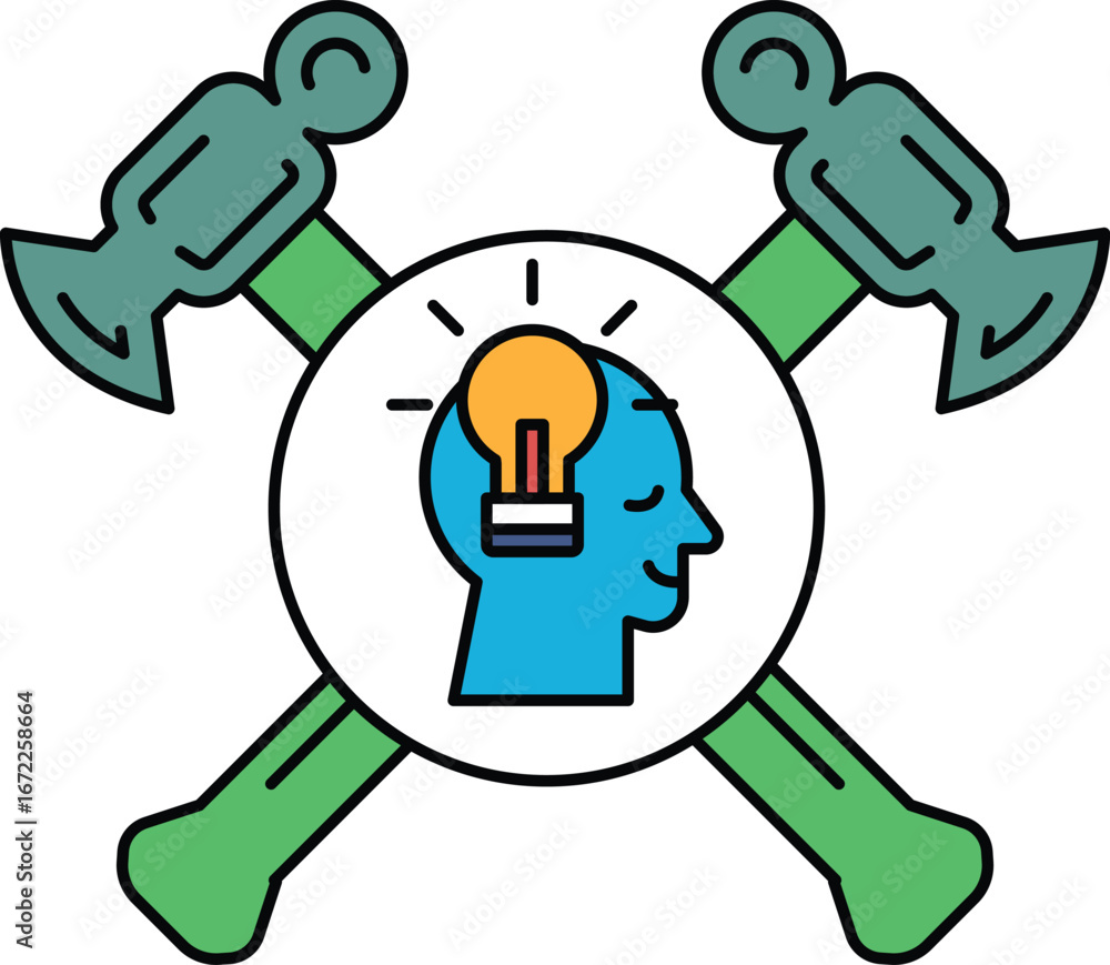 Poster a man's head with a light bulb on it is surrounded by two hammers