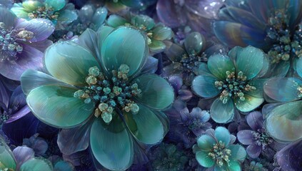 Close-up view of fantasy flowers in teal, purple, and blue hues with a touch of gold