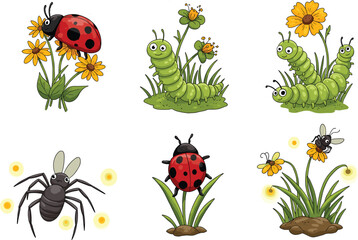 Cute cartoon insect clipart collection – happy ladybugs, caterpillars, bees, fireflies, and spiders on flowers and grass, nature-themed vector set