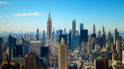 Fototapeta premium city skyline at sunset with high-rise buildings and airplane high resolution picture