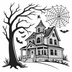 Haunted House. Pen and ink illustration of a Halloween haunted house, Zombie, spider, bats and web. Check out my 
