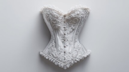 Obraz premium Ornate white corset with lace, ruffles, and buttons on a plain background