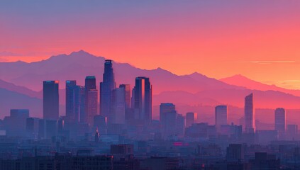 Fototapeta premium City skyline at sunrise, hazy atmosphere