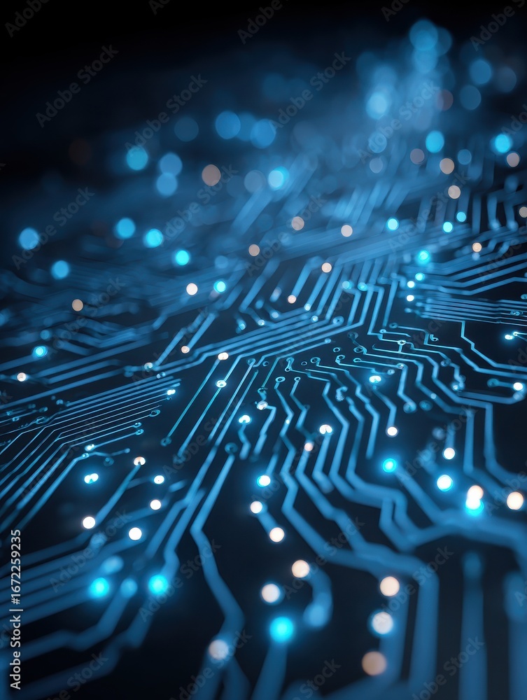 Poster digital blue circuit board pattern with glowing nodes on dark background abstract technology network