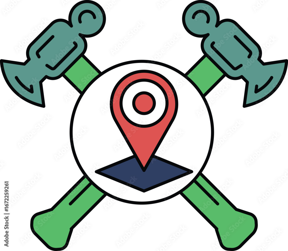 Poster a logo with a hammer and an x on it with a red dot in the middle