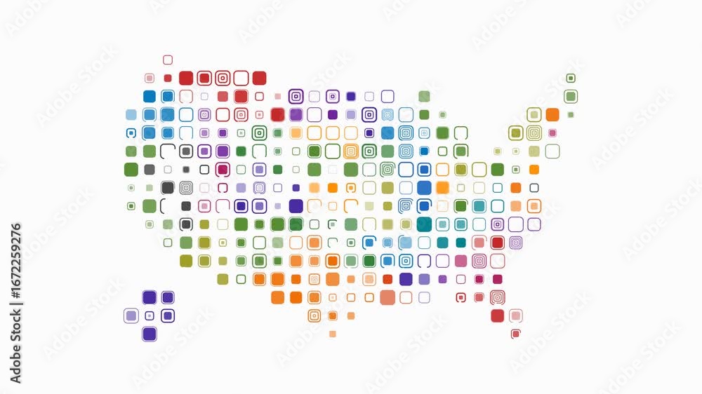 Poster united states animation. shape of the country with pulsating colored dots. large size rounded square