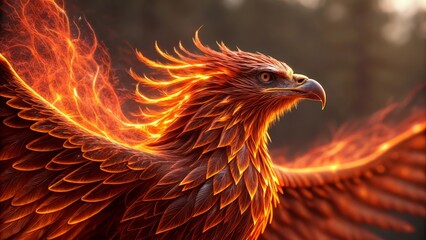 Fototapeta premium Majestic phoenix rising with vibrant fiery wings, a symbol of rebirth and strength, glowing with power