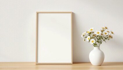 Wooden square frame mockup with pink godetia flowers