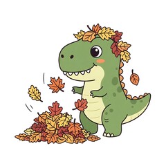 Cute cartoon dinosaur playing with autumn leaves illustration