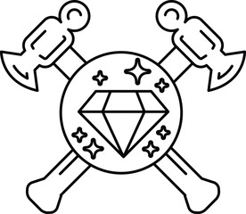 A black and white drawing of a hammer and an anvil with a diamond in the middle