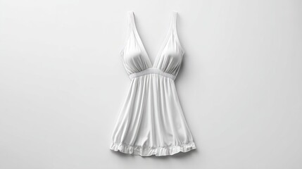Simple white dress, V-neck, small straps, centered on a solid white background