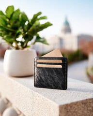 Minimalist Black Carbon Fiber Leather Wallet on Stone, Clean Modern Style, Outdoor Setting, Bright Sunny Day, Cream and Beige Colors, Shallow Depth of Field