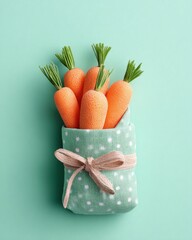 Carrots in a Polka Dot Cloth Tied with Linen on Mint Background, Studio Shot, Cute and Playful Food Still Life, Bright and Cheerful