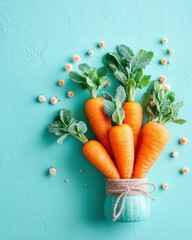 Fresh Carrots in Blue Pot with Twine, Top View on Textured Aqua Background, Soft Lighting, Floral Accent, Minimalist Easter Theme