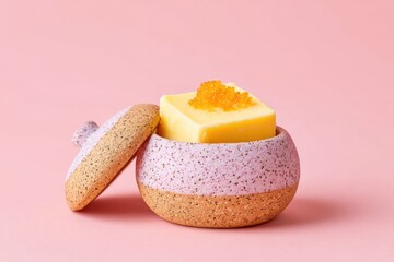 Square butter piece topped w/ caviar in an artisanal speckled ceramic dish with the lid ajar, on a soft pink background