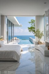 Modern bedroom with ocean views and pool