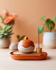 Serene Composition of Ceramic Incense Holder with Burning Stick and Delicate Smoke Trails in Warm, Earthy Tones