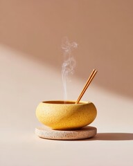 Yellow Ceramic Incense Holder with Smoke on Beige Background, Soft Light, Spiritual, Zen, Meditation, Aromatherapy