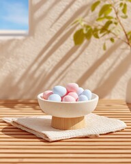 Still life of pastel eggs in speckled pedestal bowl on wooden table, soft sunlight, minimalist spring aesthetic, blue sky peek, serene, calming, light-filled