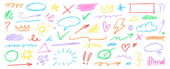 Pencil color crayon line element set. Hand drawn scribble chalk pencil stroke colorful swirl, flower, cloud and arrow shape with crayon rough texture. Children paint background. Vector illustration