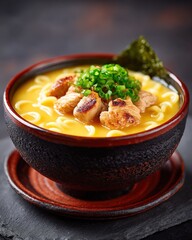 Close-up of delicious ramen in black ceramic bowl with grilled pork, scallions, and nori on dark slate background, studio shot, centered composition