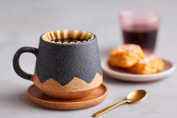 black speckle mug, wooden coaster, scones, and a glass of juice on a smooth grey surface