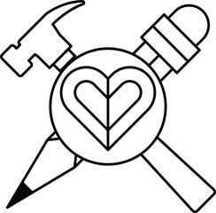 A black and white drawing of a hammer, a pencil