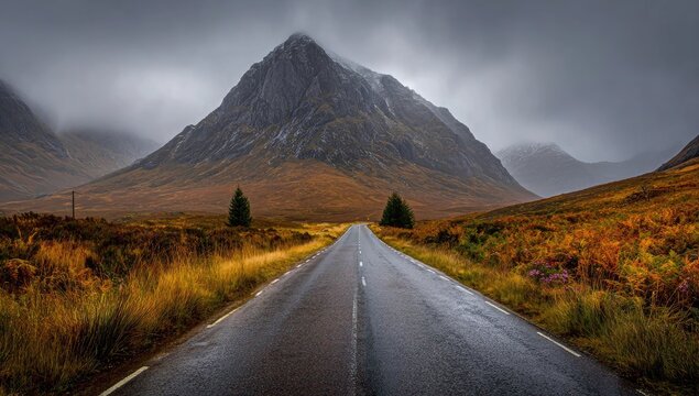 Road leading to a mountain in a scenic autumn landscape - Powered by Adobe