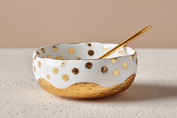Elegant White Ceramic Bowl with Gold Polka Dots and Spoon, modern style, against soft beige backdrop, studio shot, centered, natural light
