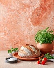 Artisan Sourdough Still Life with Tomatoes and Herbs, Warm Rustic Tones, Texture-Rich, Food Photography