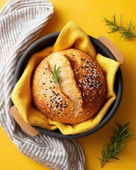 Top-down still life of artisan sourdough bread in cast iron, with rosemary, set on a bright yellow surface in studio lighting