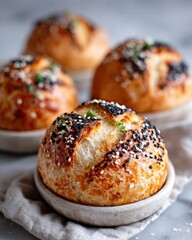 Close-up of Fresh, Golden-Crusted Bread with Black & White Sesame Seeds and Scallions, on Ceramic Bowls with Linen Cloth