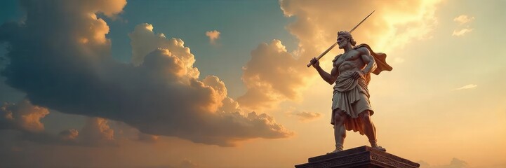 A powerful, muscular figure in flowing Grecian attire stands defiantly, a spear held aloft against a dramatic sky  Epic battle scene, heroic pose, classical sculpture aesthetic ,  chiton, greek hero