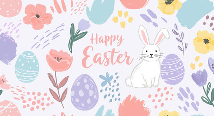 Cheerful Easter illustration with bunny, flowers, and eggs in pastel tones