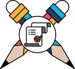 A pencil and pen are crossed over a piece of paper with a check mark on it