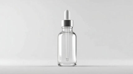 Clear glass dropper bottle with silver cap on white background, ideal for cosmetic or medicinal use. minimalist design emphasizes elegance and simplicity