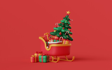 3d illustration Christmas theme, Christmas tree and gift box on a sleigh with red background