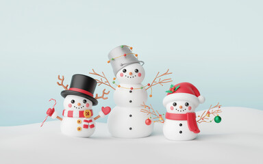 3d illustration banner, Christmas theme, Group of snowman on snowy ground