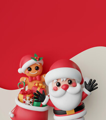 Postcard of Santa Claus with gingerbread man, gift box and gift bag, 3d illustration