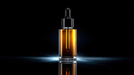 Realistic serum bottle with sleek design, featuring dark amber liquid inside. bottle is illuminated against black background, creating dramatic and elegant appearance