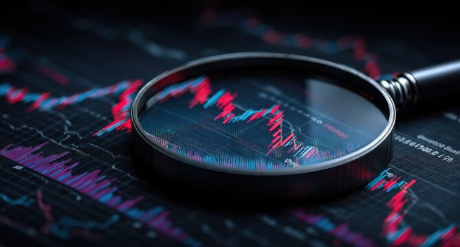 Magnifying glass focusing on complex stock market data analytics