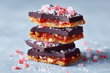 Stacked date and chocolate bark squares with sea salt and candy pieces, close up food still life with a grey backdrop, studio shot, artisan dessert