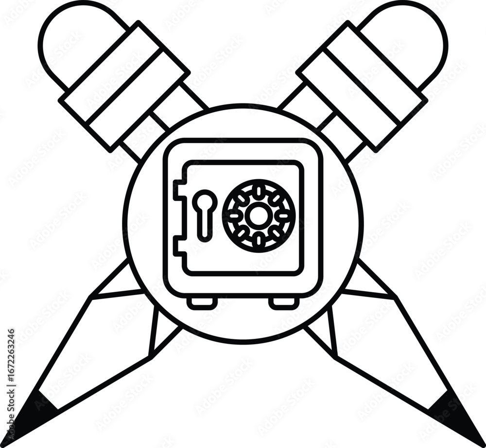 Poster a black and white image of a safe with a keyhole and a pair of scissors