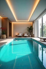 A pristine indoor swimming pool, shimmering under soft lighting, with clean lines and modern architecture Perfect for relaxation, fitness, or luxury lifestyle imagery , vibrant, building