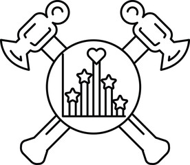 A hammer and an ax are crossed over each other