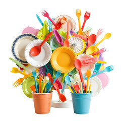 Colorful plastic tableware arranged in vibrant display with spoons  