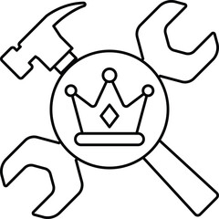 A black and white drawing of a hammer, wrench, and crown