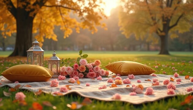 Romantic autumn picnic setup in park with blush pink roses bouquet, lanterns, pillows on blanket. Golden sunset light filters through yellow trees, creating serene, cosy ambience for outdoor