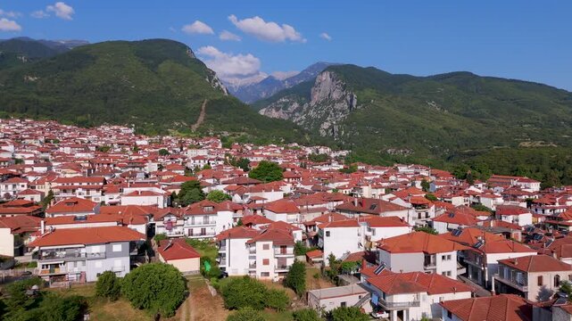 Aerial Drone Shot Over Litochoro Rooftops Towards Majestic Mount Olympus In Pieria, Greece At Early Morning.